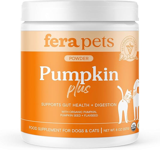 Fera Pets Cat & Dog Pumpkin Plus - Fiber Supplement - USDA Organic - Supports Gut & Digestive Health - Promotes Regularity - 7 Sources of Fiber - 90 Scoops