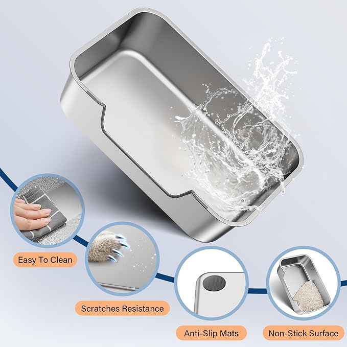 Stainless Steel Cat Litter Box with Low Entry, Large Metal Kitty Litter Box for Senior or Injured Cats, Odor-Free, Non-Stick, Easy to Clean, 23.4"x15.6"x7.8", for Multiple Cats