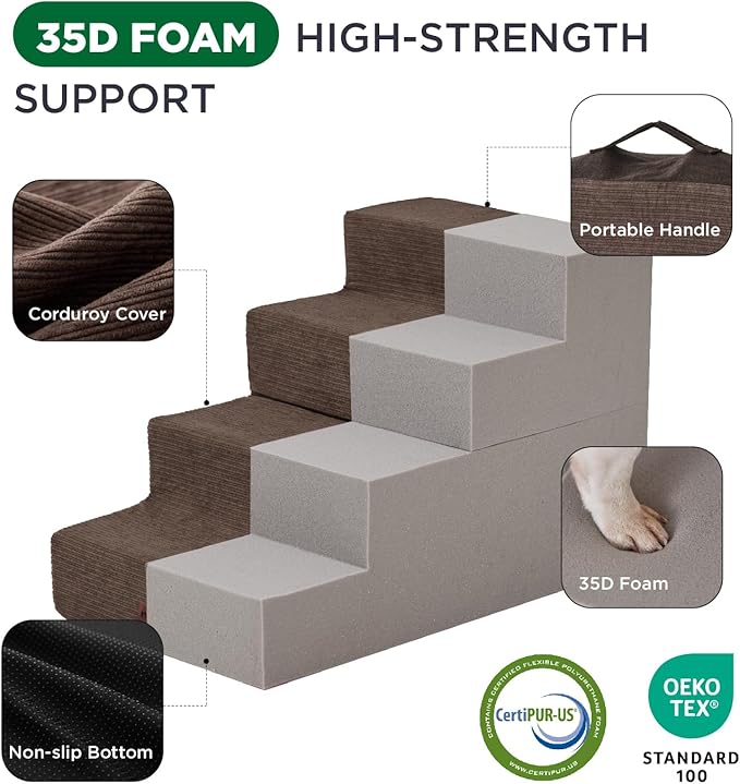 Made4Pets Dog Steps for Bed, Extra Wide Dog Stairs for High Bed Couch Sofa, 35D Foam Pet Steps for Small Dogs and Cats(Up to 40lbs), Non-Slip Bottom Pet Stairs, Brown, 4 Steps