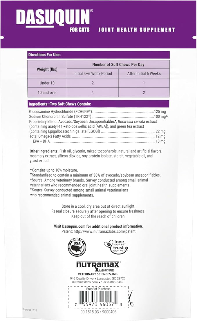 Nutramax Dasuquin Joint Health Supplement for Cats - With Glucosamine, Chondroitin, ASU, Boswellia Serrata Extract, Green Tea Extract, and Omega-3, 84 Soft Chews