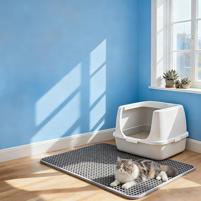 Cat Litter Mat Cat Litter Trapping Mat, 35 x 24 inch Honeycomb Double Layer Design, Urine and Water Proof Material, Scatter Control, Less Waste, Easier to Clean, Washable Gray