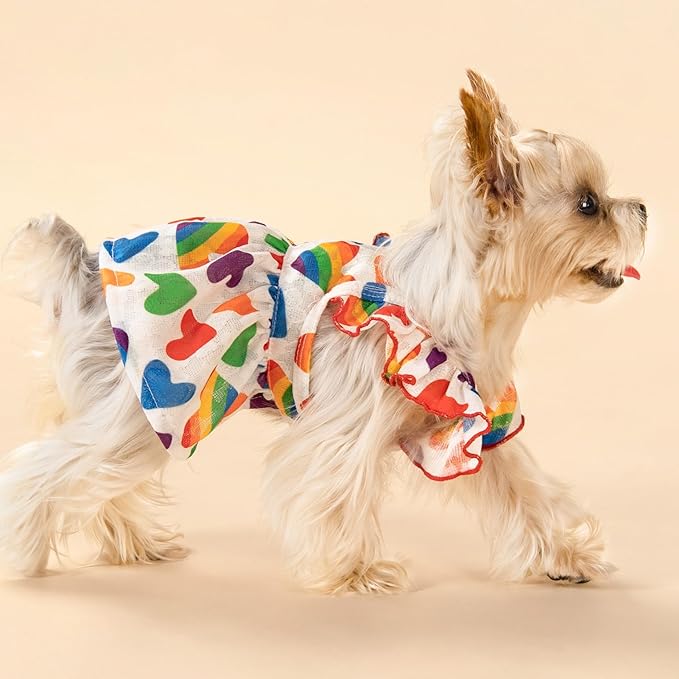 Fitwarm Colorful Heart Dog Dress, Summer Clothes for Small Dogs Girl, Cute Pet Rainbow Outfit, Red, Yellow, Blue, Green, White, Large