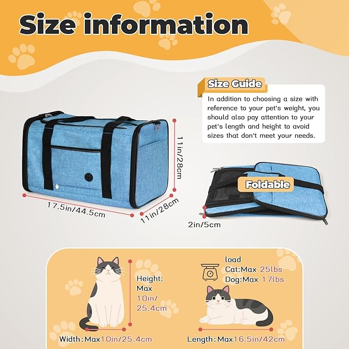 YUDODO 25 lbs Lightproof Airline Approved Cat Small Dog Carrier for Travel Bag Soft Sided Pet Puppy Carriers with Side Pockets & Reflective Mesh, Foldable Portable for Outdoor Car Large Lake Blue