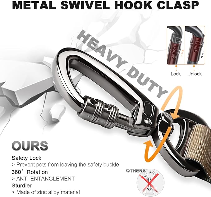 Tactical Dog Collar and Bungee Leash Set, Adjustable Military Training Nylon Dog Collar with Controll Handle and Heavy Metal Buckle，with USA American Flag, Patches and Airtags Case (M, Brown)