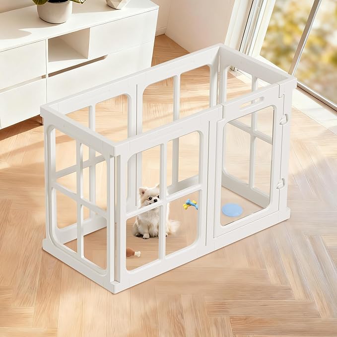 Acrylic Dog Playpen Indoor, 24" H Plastic Pet Playpen with Door, Clear Pet Play Pen for Puppy Cat Rabbit Ferret, Easy Assemble Dog Pen, Preferable for Small Cage, White 6 PCS