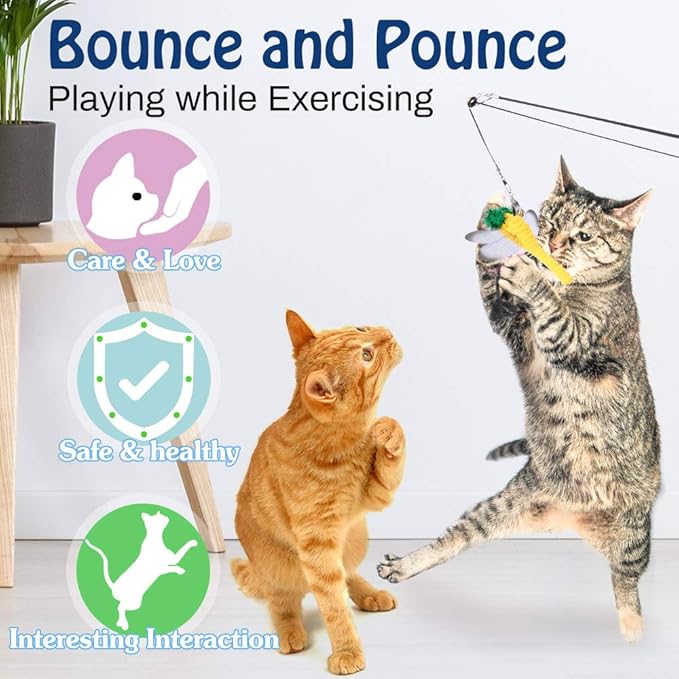 Pawaboo Cat Feather Toys, 4 Pack Interactive Cat feather Teaser Wand Toys, Retractable Fishing Pole Wand Catcher Exerciser with Refill Fish, Dragonfly Worm with Bells, Fun Cat Kitten Kitty Playing Toy