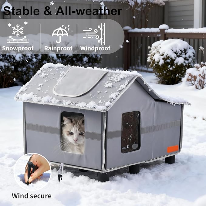 Outdoor Cat House Weatherproof, Outside Cat House for Outdoor Feral Cats, Insulated Cat Shelter with Cozy Mat and Elevated Bases