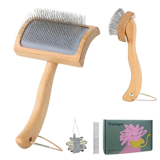 Dog Slicker Brush for Shedding,Dog Brush for Long Haired Dogs & Remove Tangles & Mats,Ergonomic Handle Grooming Like Professional,Beech Wood,M