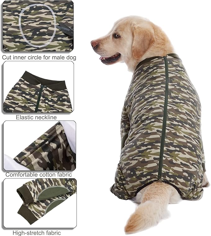 Yeapeeto Dog Onesie Surgery Recovery Suit for Large Medium Bodysuit Dogs Pajamas PJS Full Body for Shedding, Prevent Licking, Wound Protection, Cone Alternative (2XL, Camo)