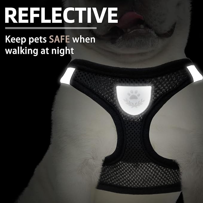 PUPTECK Adjustable Dog Harness Collar and Leash Set Step in No Pull Pet Harness for Small Medium Dogs Puppy and Cats Outdoor Walking Running, Soft Mesh Padded Reflective Vest Harnesses, Solid Black S