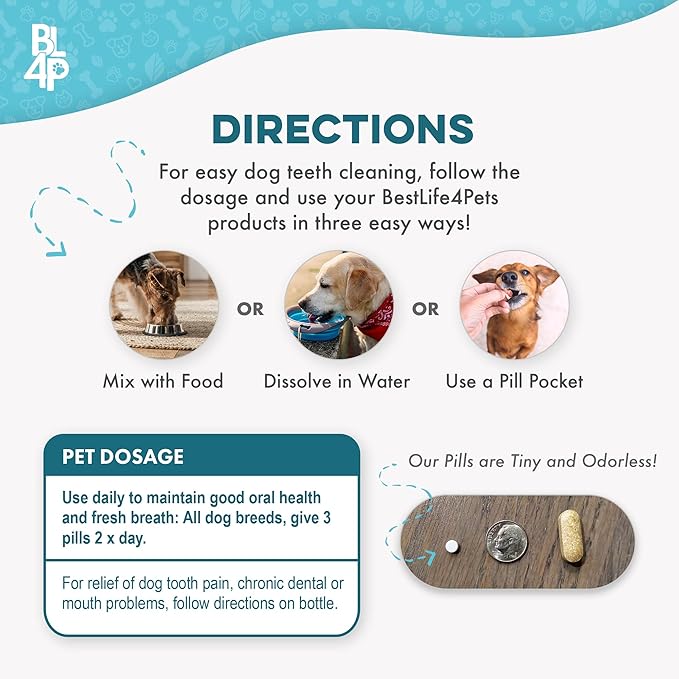 Dog Bad Breath & Dental Care Solution, Supports Canine Oral Health, Relieves Stinky Breath, Tooth Pain, Red Swollen Gums, Helps Reduce Plaque and Gingivitis, 400 Odorless, Tasteless Easy to Use Pills