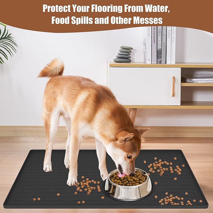 24"x16" Large Dog Food Mat, Silicone Dog and Cat Mats for Food and Water Bowls, Waterproof Raised Edge Pet Feeding Mat for Contain Spills Protects Floors, Multiple Colors & Sizes for Pets, Black