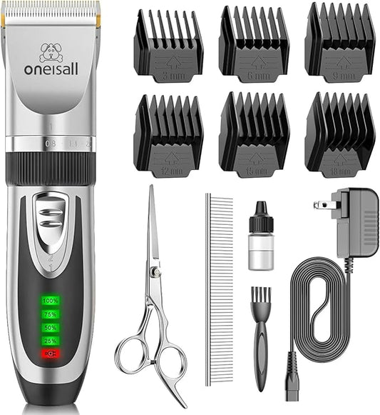 oneisall Low Noise 2-Speed Quiet Dog Grooming Kit - Rechargeable Cordless Pet Hair Clipper Trimmer Shaver for Small and Large Dogs, Cats and Animals (Silver)