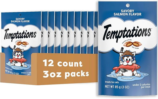 Temptations Classic Crunchy and Soft Cat Treats, Savory Salmon Flavor, 3 oz. Pouch (Pack of 12)