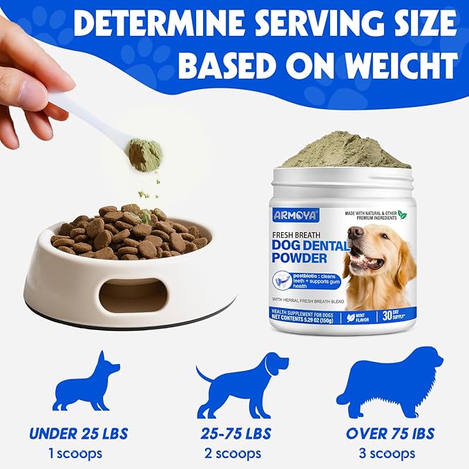 Dog Teeth Cleaning Powder - Dental Powder for Dogs Teeth - Plaque Removal - Supports Gum Health - Tartar Remover with Natural Herb Blend and Postbiotics 30 Day Supply - Mint Flavor