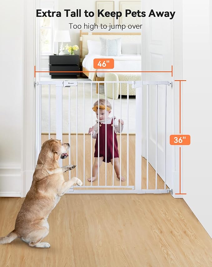 COMOMY 36" Extra Tall Baby Gate for Stairs Doorways, Fits Openings 29.5" to 46" Wide, Auto Close Extra Wide Dog Gate for House, Pressure Mounted Easy Walk Through Pet Gate with Door, White