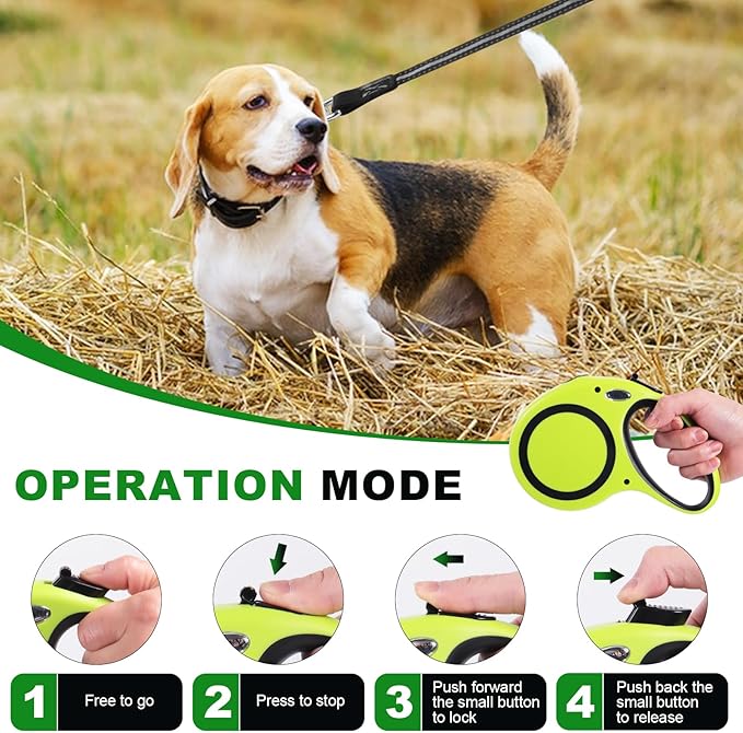 30FT Retractable Dog Leash 30 FT，360° Tangle-Free Dog Walking Leash forMedium and Large Dogs up to 77 lbs one-Hand Brake, one-Button Pause, Lock（Green）