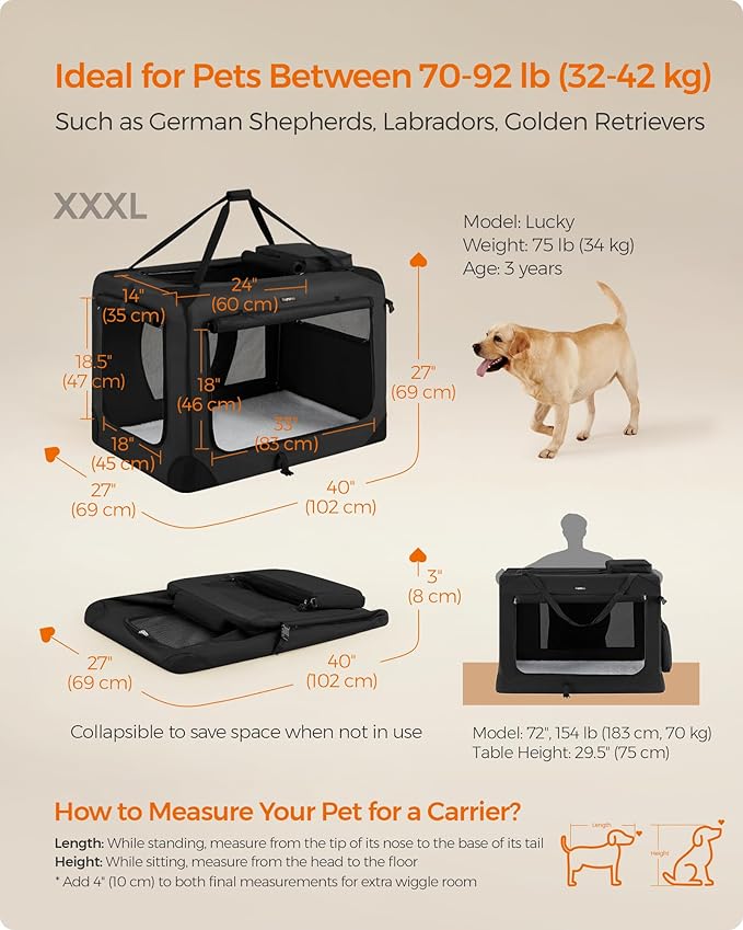 Feandrea 40 Inches Collapsible Soft Dog Crate, Portable Travel Dog Crate for Indoor and Outdoor Use, Dog Carrier Kennel with Safety Zippers, for Living Room, Car, Travelling, Camping, Black UPDC10H