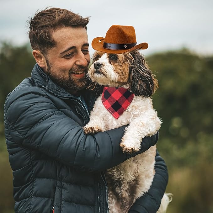 Yewong Pet Cowboy Costume Accessories Dog Cat Pet Size Cowboy Hat and Bandana Scarf West Cowboy Accessories for Puppy Kitten Party Festival and Daily Wearing Set of (Coffee hat+red bib)