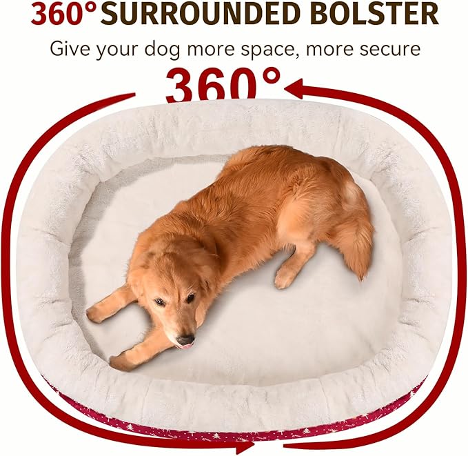 Christmas Orthopedic Washable Large Dog Bed: Memory Foam Waterproof Pet Bed with Bolsters - Removable Washable Cover for L XL XXL Large Sized Dog Bed - Non-Slip Bottom - Red