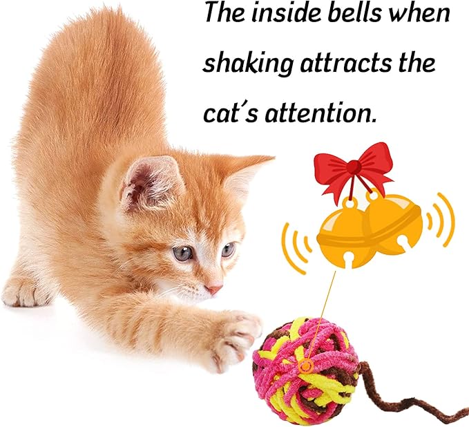 5 PCS Cat Ball Toys - Colorful Woolen Yarn Balls Built-in Bell for Cats, Furry Rattle Ball for Kitty and Kitten Training Indoor Play, Pet Cat Interactive Chasing Chewing Molar Cotton Thread Ball Toys
