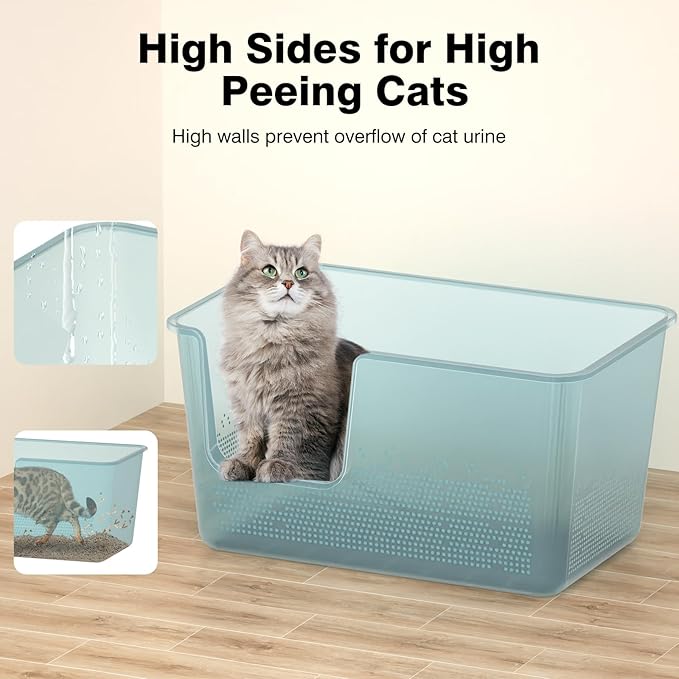 Extra Large Cat Litter Box with High Sided,24.8" Lx11.4 Wx13 H,Clear Jelly Color, Jumbo Litter Box for Big Cats,XL Cat Box for Multiple Cats,Kitty,Giant,Anti-Splashing,Easy to Clean (Blue)