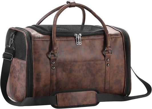 Stylish Leather Pet Carrier for Small Dogs and Cats Up to 15 lbs, Airline Approved Lightweight Travel Tote with Breathable Mesh and Shoulder Strap Coffee