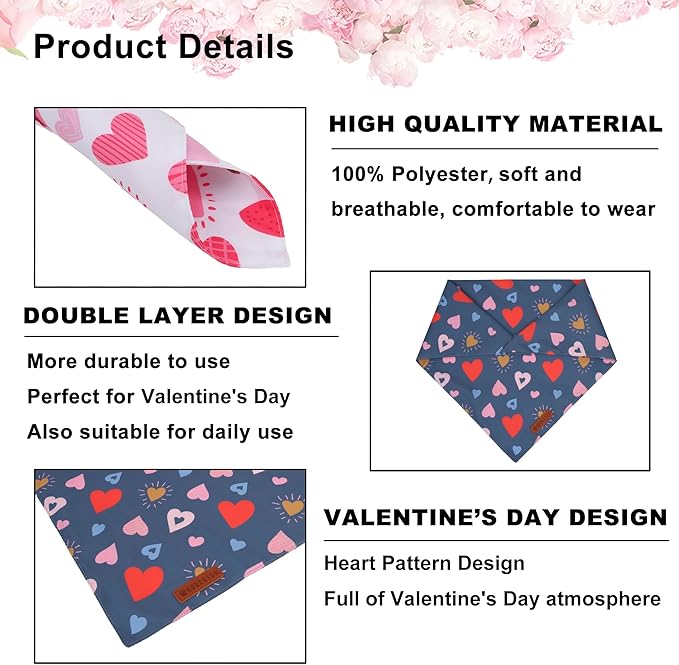 ADOGGYGO Valentine Dog Bandana, Colorful Heart Pet Scarf, Multi Size Offered, White Blue Valentine Heart Bandanas for Small Dogs (Small)