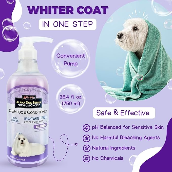 Alpha Dog Series Bright White Grooming Natural Dog Shampoo and Conditioner with Aloe Vera, pH balanced Shampoo for Dogs, Tear-Free, Moisturizing Dog Shampoo for Sensitive Skin - 26.4 Oz