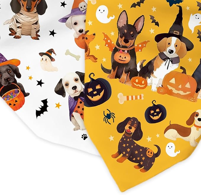 Halloween Dog Bandanas 2 Pcs, Pet Scarf for Dog Girl Boy, Spooky Triangle Puppy Scarf Kerchief Bandana Pet Dogs On Halloween, Ghost Pumpkin Bat Print Gifts for Dogs Lovers (Medium)