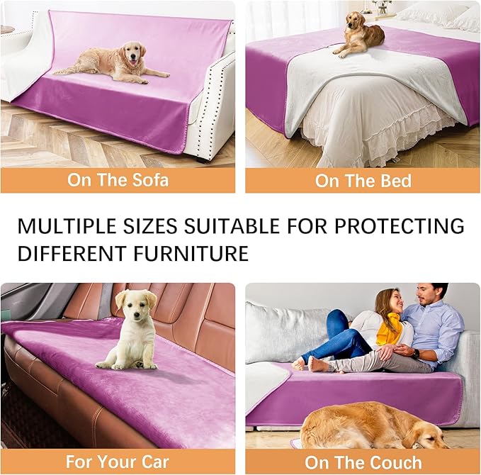 Waterproof Dog Blankets, Washable Pee Proof Pet Blanket for Couch, Soft Reversible Puppy Throw Furniture Protector Cover for Bed Sofa-68"x82",Purple+Cream