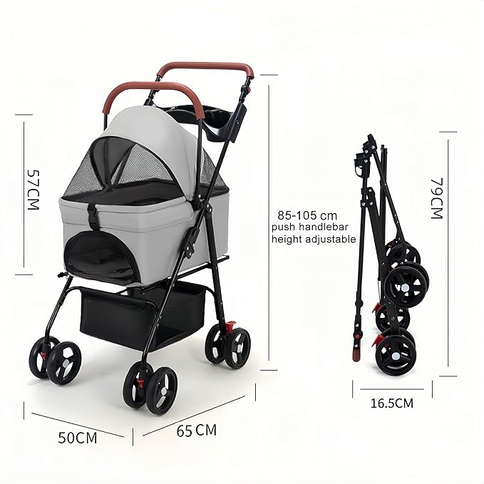 Pet Stroller-Folding 4 Wheels Cat/Dog Stroller for Medium Small Pets with Storage Basket and Cup Holder Suitable for Going Out and Traveling (Grey)
