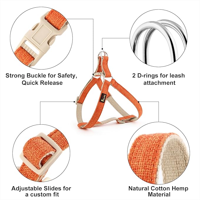 Plutus Pet Cotton Hemp Step in Dog Harness, Sustainable, Lightweight and Escape-Proof, Quick Fit Dog Harness for Puppy Small Medium and Large Dogs, Orange, L