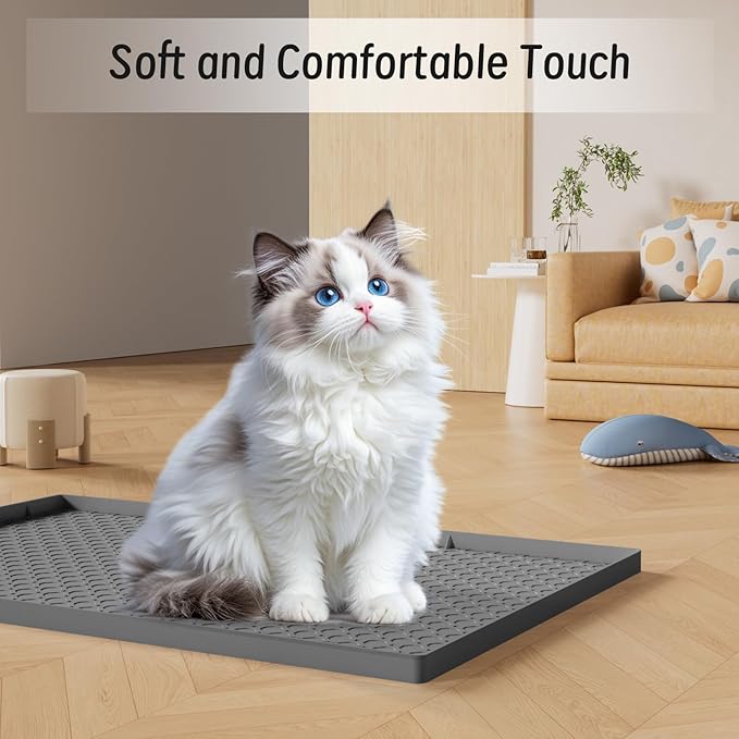 Silicone Large Cat Litter Mat 34" X 22", Cat Mat for Litter Box, Cats Litter Trapping Mat, Non-Slip and Waterproof, Raised Edges, Grey