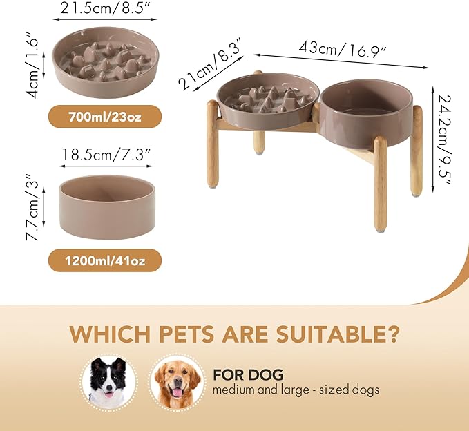 Ceramic Raised Slow Feeder Dog Bowl Set, Elevated 7.3inch Bowl and 8.2inch Slow Pet Food Dish with Wooden Stand for Medium and Large Dog (2 x Brown Coffee+ Stand)