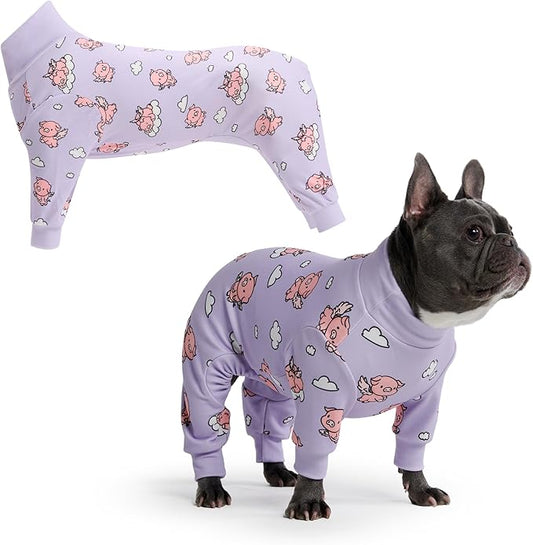 Spark Paws Dog Pajama, Dog Recovery Suit Male, Onesie, Ultra-Soft and 4-Way Stretch, for Small Medium and Large Breeds - When Pigs Fly - Purple - XL