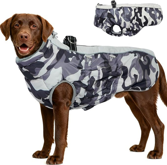 Dog Coat Dog Winter Jacket-3X Large, Warm Dog Coat Zip Up Snowsuit Dog Harness Vest Reflective Water-Resistant Dog Coat Dog Snow Jacket for Large Dogs Labrador, Huskyn, Grey-Camouflage