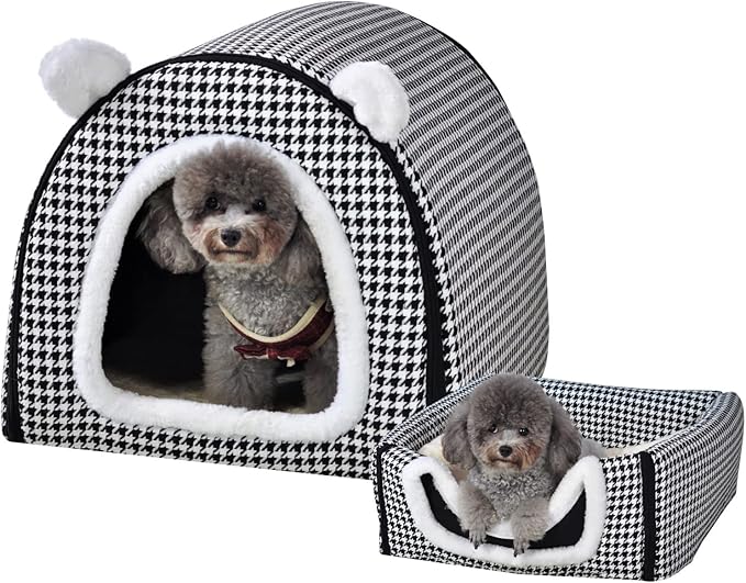 Dog Bed or Cat Bed,2 Ways to Use,Indoor Pet House with Fluffy Mat,Removable and Washable Cover,Non-Slip Bottom,for Cats and Small Dogs(M Black Cranes)
