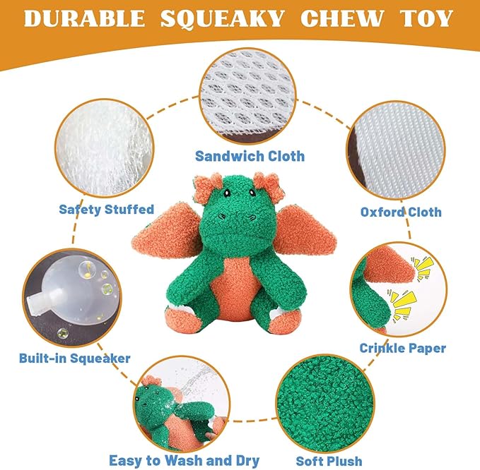 3-Layered Stuffed Dog Toys for Medium Large Dogs, Large Plush Squeaky Dog Toys to Keep Them Busy for Small Medium Large Breed, Cute Animals Puppy Teething Chew Toys - Dinosaur L