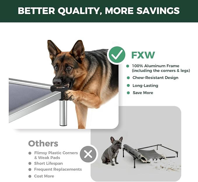 FXW TitanNest Chew-Proof Elevated Dog Bed, Raised Cot for Indoor/Outdoor/Camping Use, Durable & Washable Padded Pet Bed for Large Dogs, 50.0" L x 31.0" W x 7.3" H, Gray