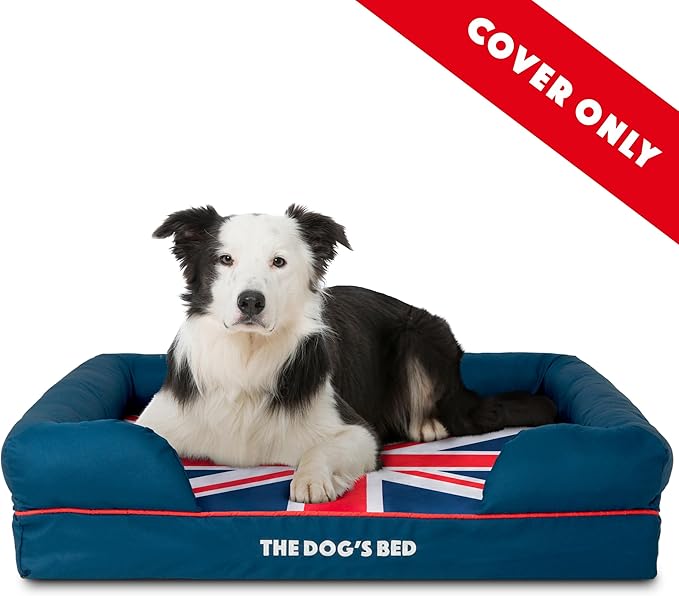 The Dog's Bed Replacement Outer Cover ONLY (Outer Cover ONLY - NO Bed, NO Waterproof Inner) for The Dog's Bed, Washable Oxford Fabric, Large (Blue with Red Piping UK Flag Embroidery & Centre Flag)