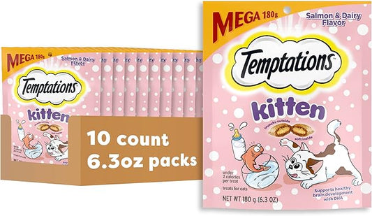 Temptations Kitten Crunchy and Soft Cat Treats Salmon and Dairy Flavor, 6.3 oz. Pouch, (Pack of 10)