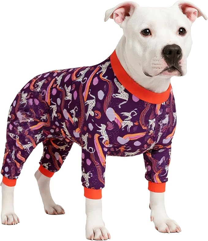 LovinPet Recovery Bodysuit for Medium Large Dogs, Anxiety Calming Pajamas, Lightweight Comfy Fabric, Rainbow Print, Large PJs, 4-Legged Pullover Onesie for Boy Or Girl, 2XL