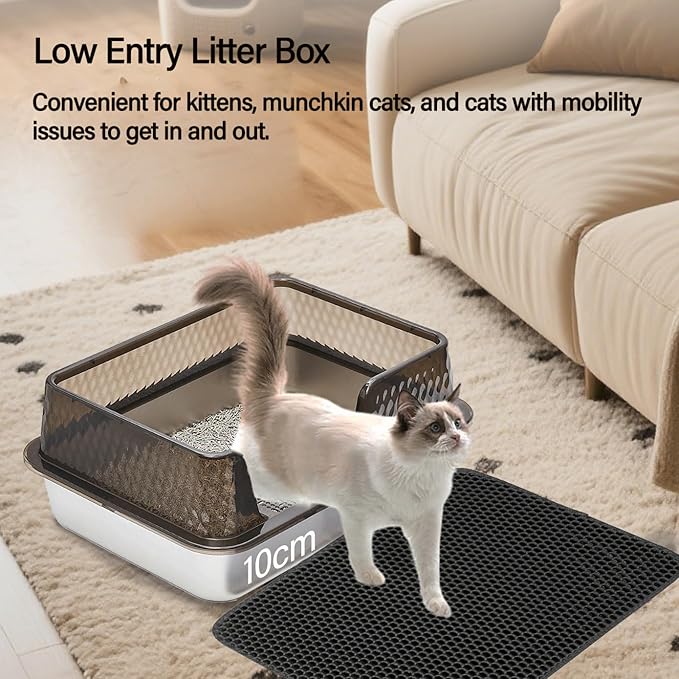 Medium Low Entry Enclosed Stainless Steel Cat Litter Box with lid Scoop and Pads Easy Clean Kitten Kitty Transparent Black Metal Litter Box