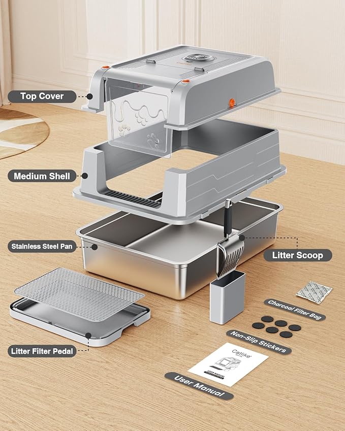 CATLIKE 2025 Upgrade 152L XXXL Stainless Steel Cat Litter Box - 3-Layer Urine Leak-Proof, Enclosed Design w/Charcoal Filter for Maine Coon & Multi-Cat Homes, Includes Metal Scoop & Mat