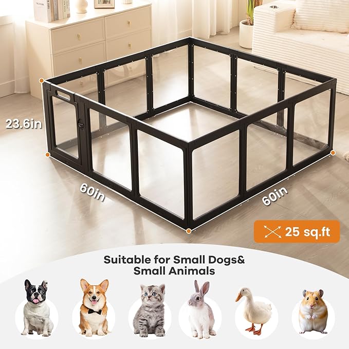 Clear Acrylic Dog Playpen Indoor, Puppy Cat Small Pet Play Pen, Pet Cat Foldable Playpen for Rabbits, Dog Fence Crate Kennel Whelping Cage (Black, 12 Panel)