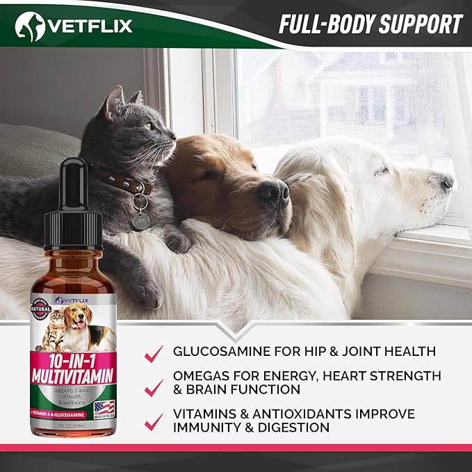 Pet Vitamins 10 in 1 - Made in USA - Glucosamine for Dogs & Cats - Dog Supplement for Pet Joint Health - Natural Cat, Dog Multivitamin - All Ages & Breeds - Folic Acid for Cats & Dogs Immune - 2 Fl Oz
