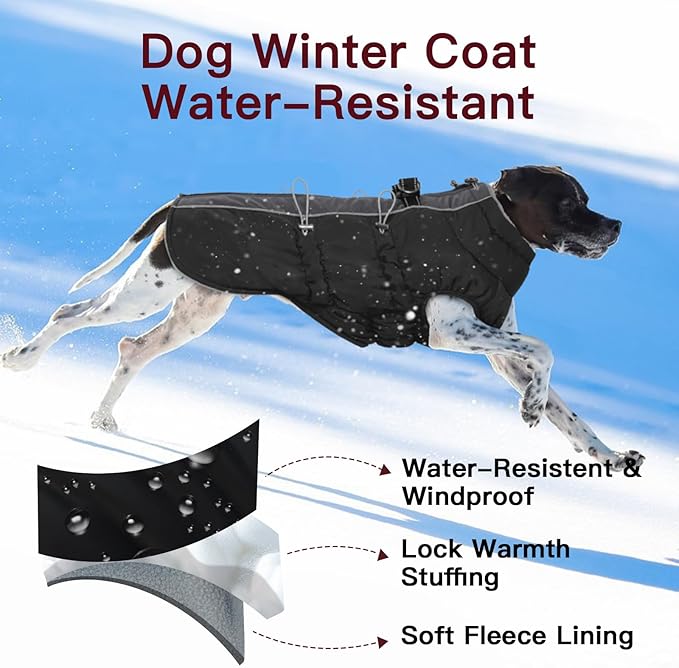 Dog Coat - XS, Warm Zip Up Snowsuit Dog Harness Vest, Reflective, Water-Resistant, Black