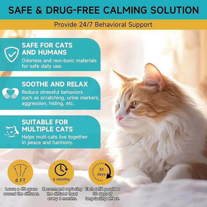 Cat Calming Diffuser Refills - 6 Pack Cat Pheromones Calming Diffuser for Cat Anxiety Relief, Cat Pheromone Diffuser, 180 Days Pheromone Diffuser to Calm Cats, Fits All Common Diffuser Heads