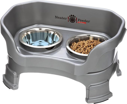 Neater Feeder Deluxe Mess Proof Cat Bowls Elevated for All Breeds – Made in USA – No Spill Raised Cat Bowls for Indoor Cats w/Leg Extensions – Stainless Steel Cat Food and Water Bowl Set - Grey